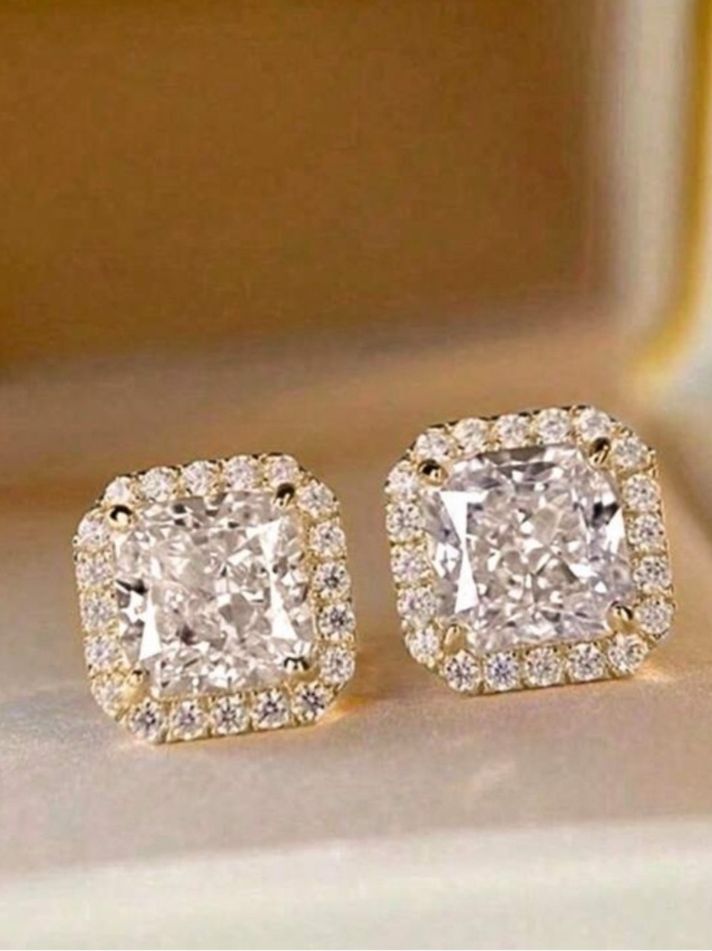 Gold CZ Square Halo Stud Earrings Rhinestone Statement Crystal Studs
